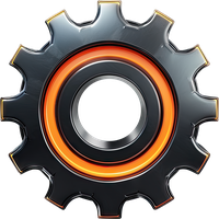 A metallic gear icon with an orange glow around its central hole.