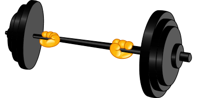 A barbell with weights on either end gripped by gloved hands against a black background
