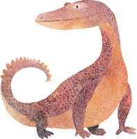 Illustration of a cartoon dinosaur with orange and brown scales
