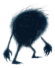 A dark blue creature with spiky hair and long arms