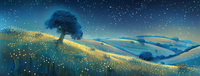 A peaceful night scene with a tree on a hill and stars in the sky