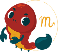 Cartoon red worm with a smiling face and teal claws next to the Scorpio zodiac symbol.