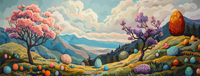 A vibrant landscape with Easter eggs and blooming trees.