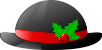 Black bowler hat with red band and holly decoration