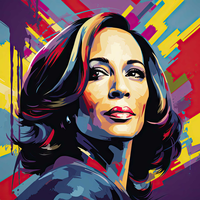 A stylized illustration of a woman's face with bold colors and abstract background