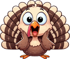 A cartoon turkey with brown and tan feathers, large eyes, and an open beak.