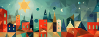 Geometric cityscape with colorful buildings and a starry sky