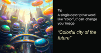 Futuristic cityscape with colorful buildings and flying vehicles