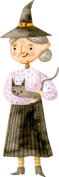 Illustration of a smiling witch with grey hair and a grey cat