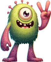 A green monster with one large eye and pink limbs making a peace sign.