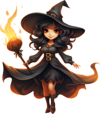 Chibi witch with black hat and dress holding a flaming wand