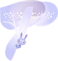 A cartoon bunny hanging from a white tree branch under a large, glowing purple leaf.