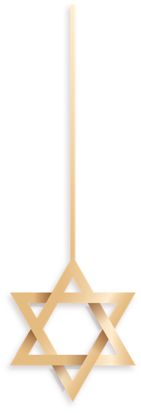 A golden Star of David pendant on a metallic chain against a black background