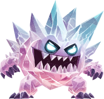 A cartoon-style crystal monster with sharp teeth and glowing blue eyes.