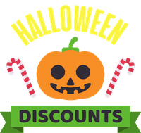Halloween discounts banner with pumpkin and candy canes
