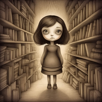 A cartoon illustration of a girl with short hair standing in the middle of a library aisle