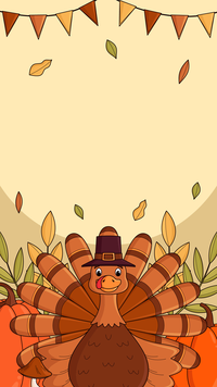 Cartoon turkey in pilgrim hat with autumn leaves
