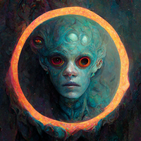 Surreal portrait of a blue creature with red eyes