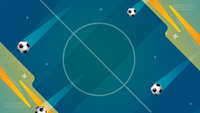 A stylized soccer field with four soccer balls and abstract shapes.