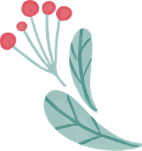 A stylized plant with blue-green leaves and red berries against a black background.
