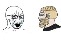 Two contrasting cartoon faces, one crying and bald, the other calm with a beard