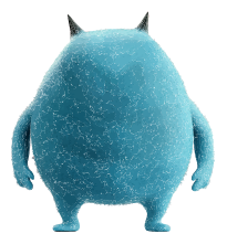 A blue furry monster with two horns and a round body.