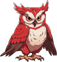 Pixel art illustration of a red owl with white and brown feathers on a black background