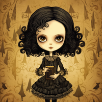 A cartoon girl with curly black hair and a black dress holding a book.