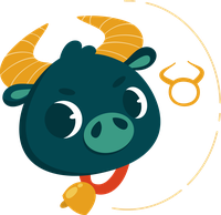 Cartoon bull with yellow horns and a green nose representing Taurus zodiac sign
