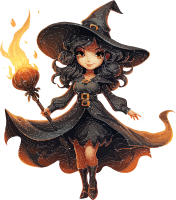 Cartoon witch with long black hair and a magical staff