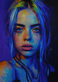 A close-up painting of a young woman with blue hair and multiple necklaces against a dark background.