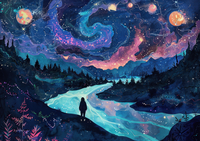 A person standing on a cliff, looking out over a glowing river under a starry, cosmic sky.