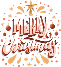 Merry Christmas graphic with ornaments and star