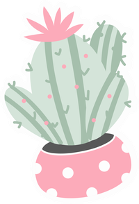 Cartoon cactus with pink flower in a pink and white pot