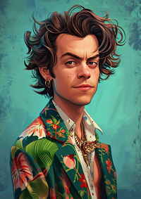 Digital portrait of Harry Styles with curly hair and floral jacket