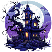 Pixel art of a haunted house with a full moon and glowing windows