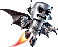 Menacing robot character with guns and cape flying