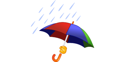 A multicolored umbrella with red, blue, and green sections, held by an orange handle, under falling rain.