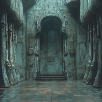 A dimly lit, ancient temple hallway with a large arched door at the end