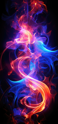 Swirling abstract flames in blue, red, and orange hues on a black background