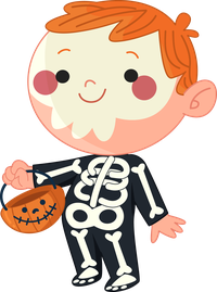 Cartoon boy in skeleton costume holding a pumpkin