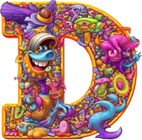 A stylized, vibrant letter D with cartoon elements