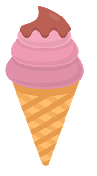 A cartoon-style illustration of a strawberry ice cream cone with chocolate sauce on top