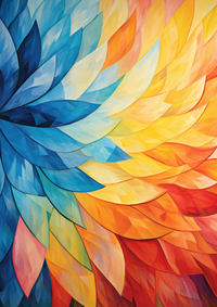 A colorful abstract artwork with blue, orange, and yellow shapes in a spiral pattern.