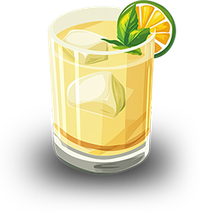 A glass of refreshing yellow cocktail with ice, lime, and mint.