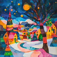 A vibrant painting of a snowy village with colorful houses and a large tree under a starry sky.