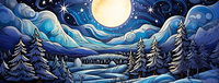 A vibrant, stylized illustration of a moonlit winter landscape with snow-covered mountains and trees.