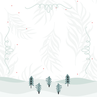Stylized winter forest with light green trees and red dots on a white background.