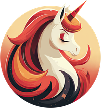 A stylized unicorn head with a flowing mane in shades of red, orange, and black.
