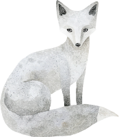 A white arctic fox sculpture with black-tipped ears and a black nose
